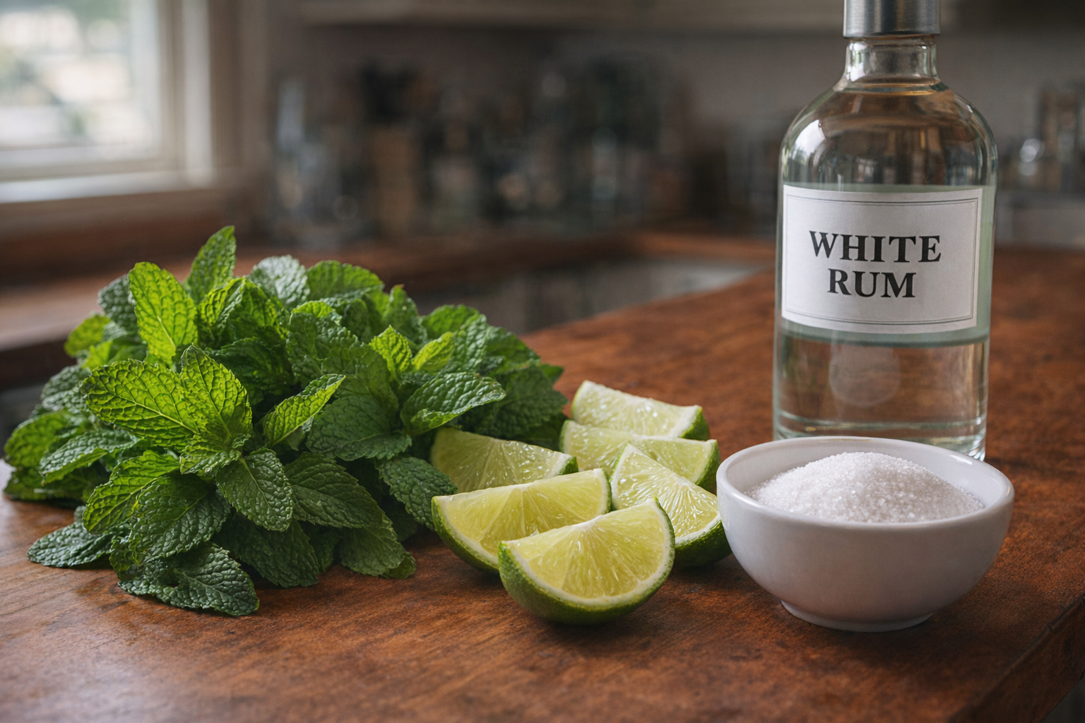 A close-up shot of fresh mint leaves, juicy lime wedges, white sugar, and a bottle of white rum arranged on a wooden bar top, ready for making a Mojito, natural light